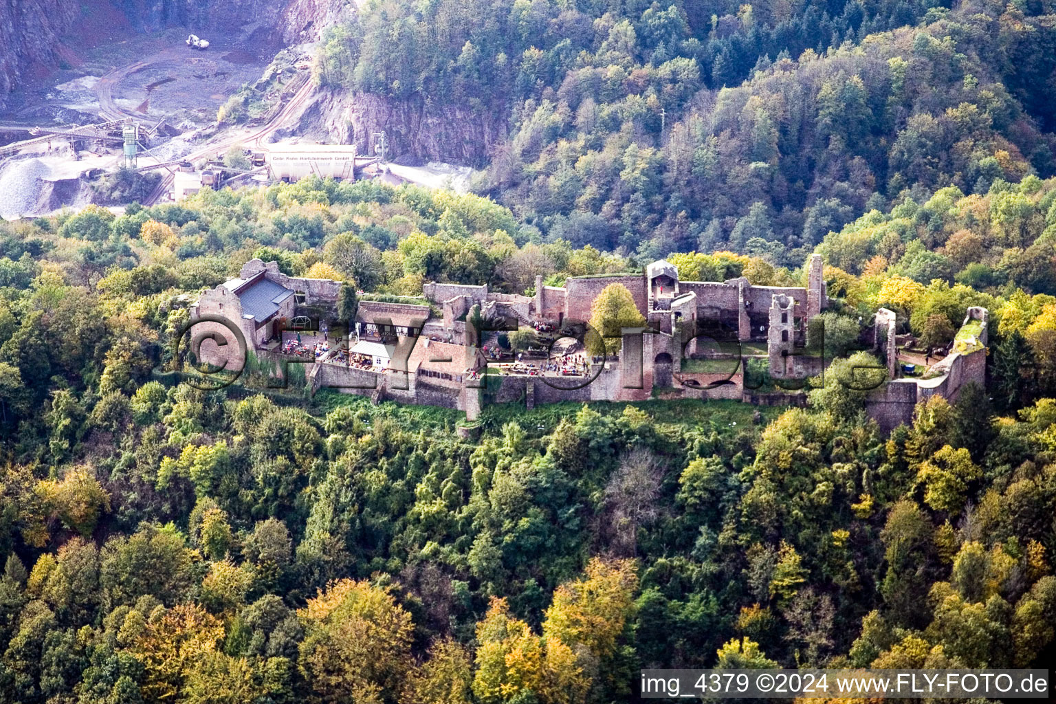 Ruins and vestiges of the former castle and fortress Madenburg in Eschbach in the state Rhineland-Palatinate from above