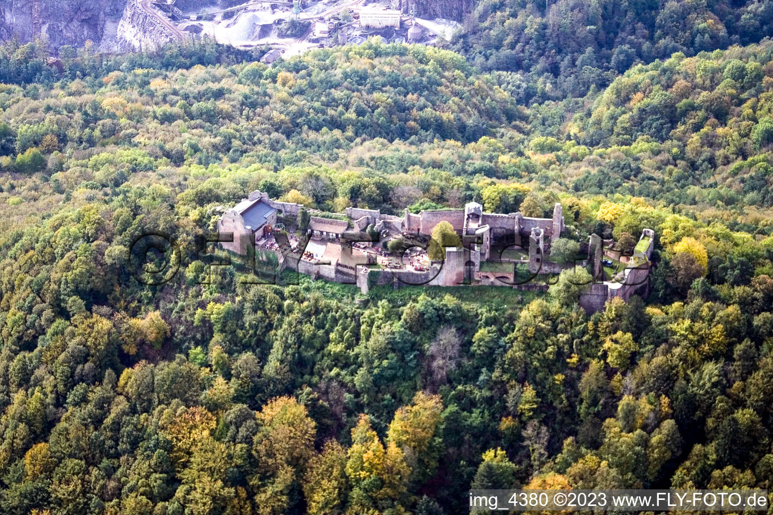 Aerial view of Madenburg in Eschbach in the state Rhineland-Palatinate, Germany