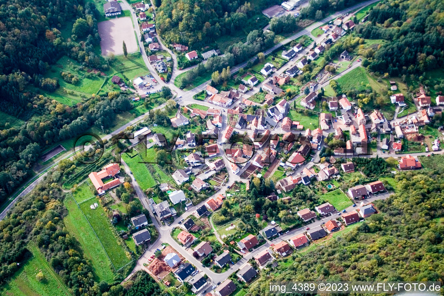 Waldhambach in the state Rhineland-Palatinate, Germany seen from a drone