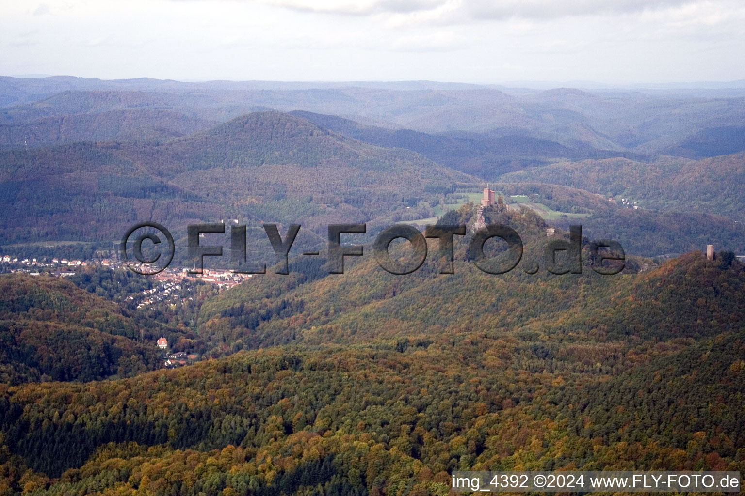 Trifels Castle in the district Bindersbach in Annweiler am Trifels in the state Rhineland-Palatinate, Germany viewn from the air