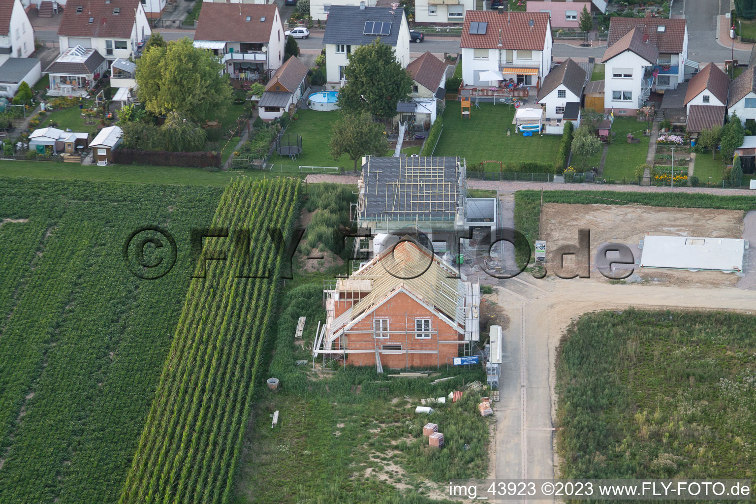 Brotäcker new development area in Steinweiler in the state Rhineland-Palatinate, Germany seen from above