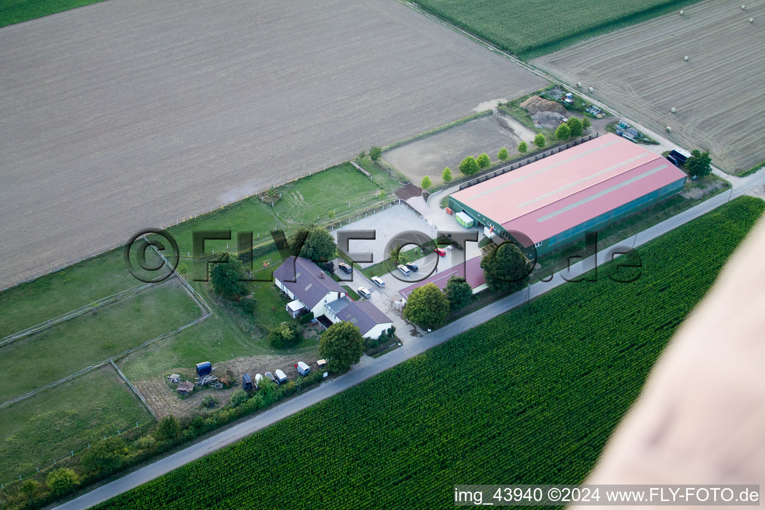 Foal farm in Steinweiler in the state Rhineland-Palatinate, Germany from the plane