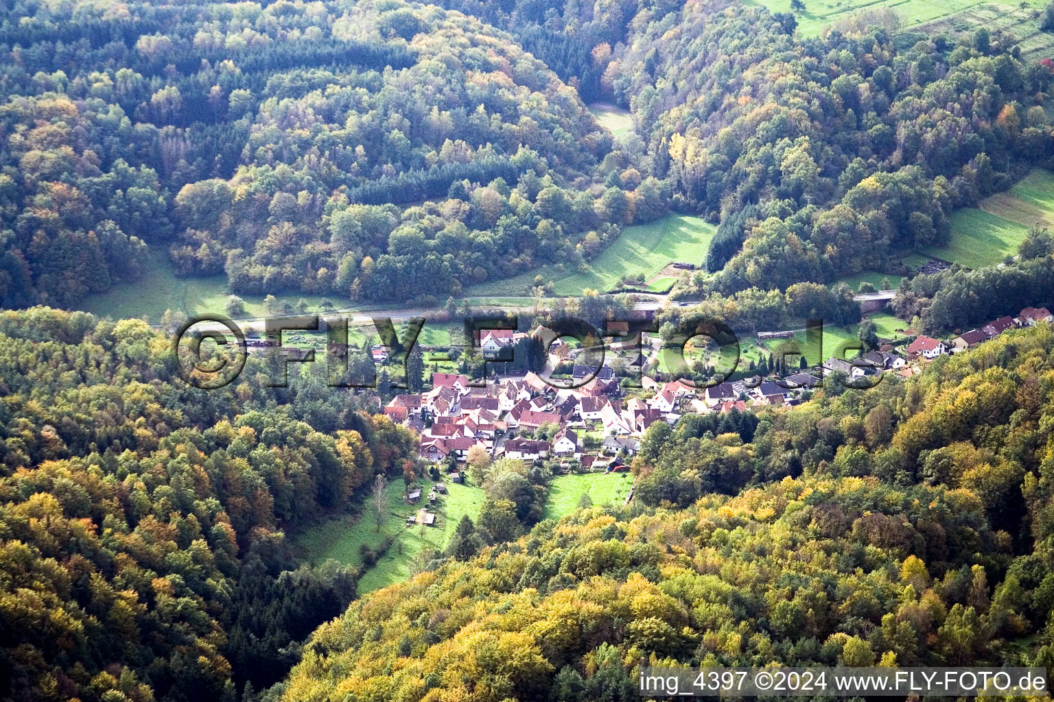 Drone recording of Münchweiler am Klingbach in the state Rhineland-Palatinate, Germany