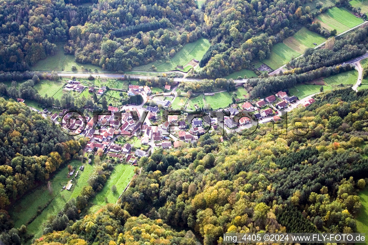 Aerial view of Münchweiler am Klingbach in the state Rhineland-Palatinate, Germany