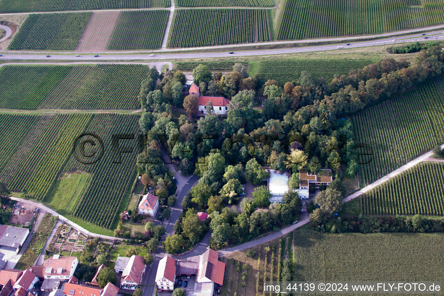 Aerial photograpy of Chapel in the district Wollmesheim in Landau in der Pfalz in the state Rhineland-Palatinate, Germany