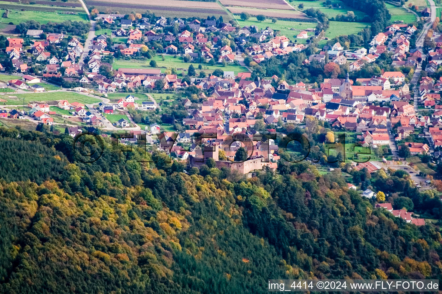 Aerial photograpy of Landeck Ruins in Klingenmünster in the state Rhineland-Palatinate, Germany