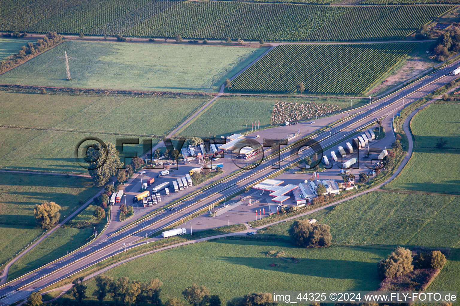 Motorway service area erways Pfaelzer Weinstrasse on the edge of the course of BAB 65 highway in Edesheim in the state Rhineland-Palatinate