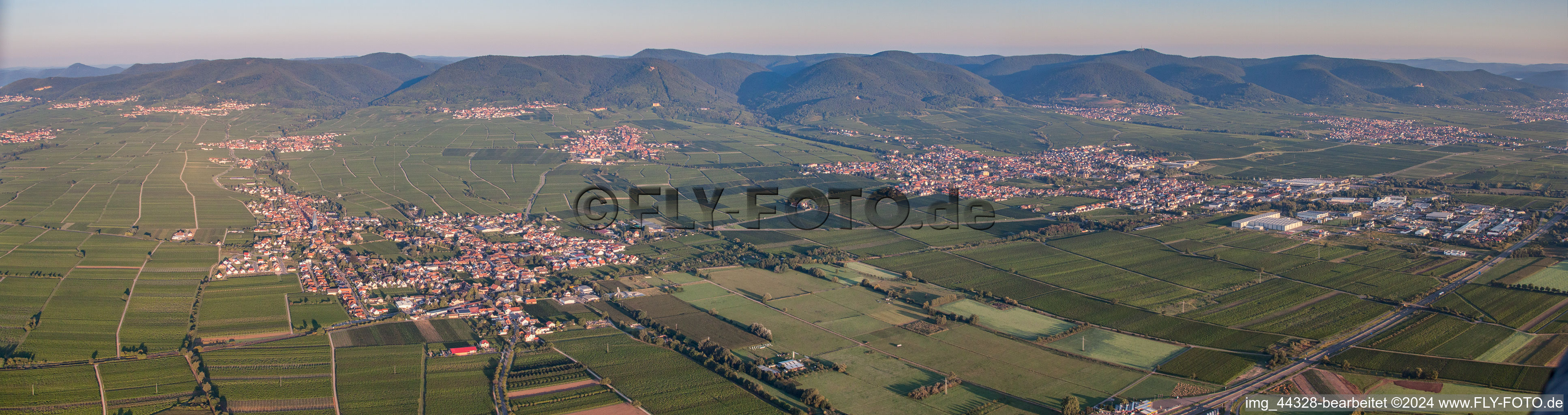 Aerial view of Panoramic perspective Town View of the streets and houses of the residential areas in Edesheim and Edenkoben in the state Rhineland-Palatinate