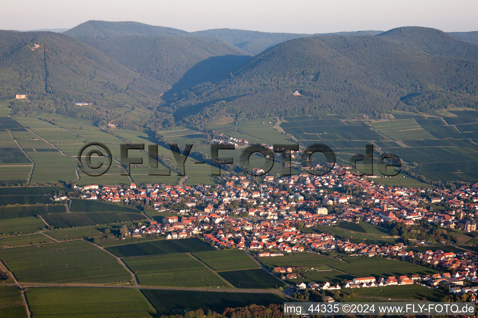 Aerial photograpy of Village - view on the edge of agricultural fields and farmland in Edenkoben in the state Rhineland-Palatinate