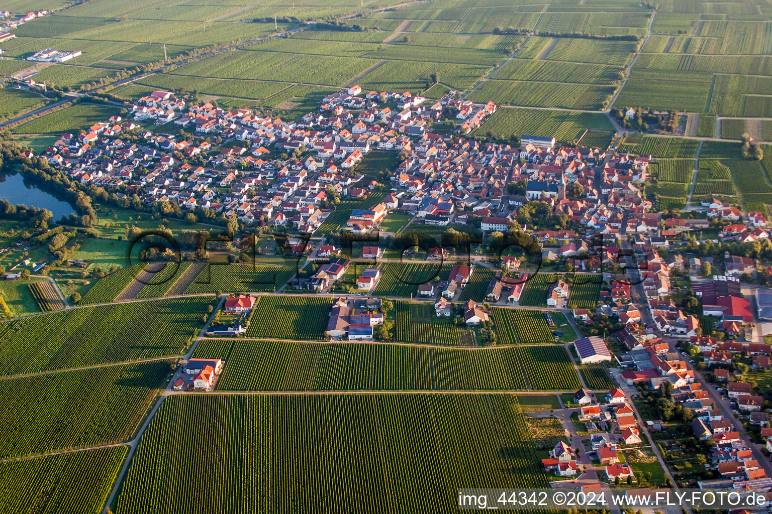 Village - view on the edge of agricultural fields and farmland in Kirrweiler (Pfalz) in the state Rhineland-Palatinate, Germany out of the air