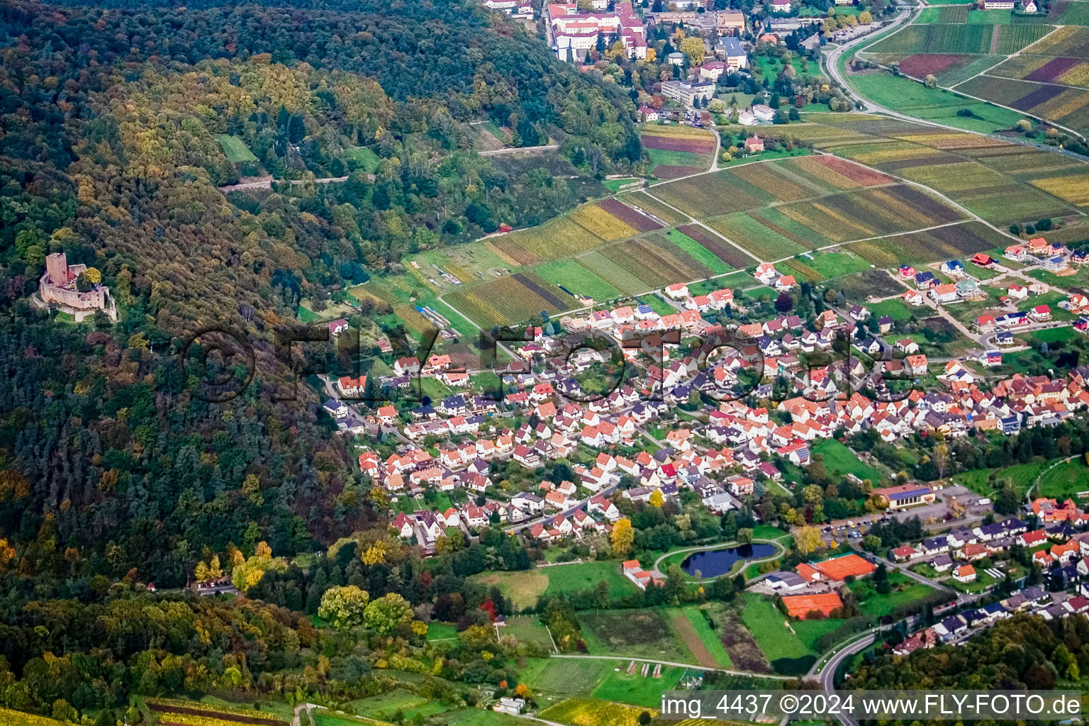 Oblique view of Landeck Ruins in Klingenmünster in the state Rhineland-Palatinate, Germany