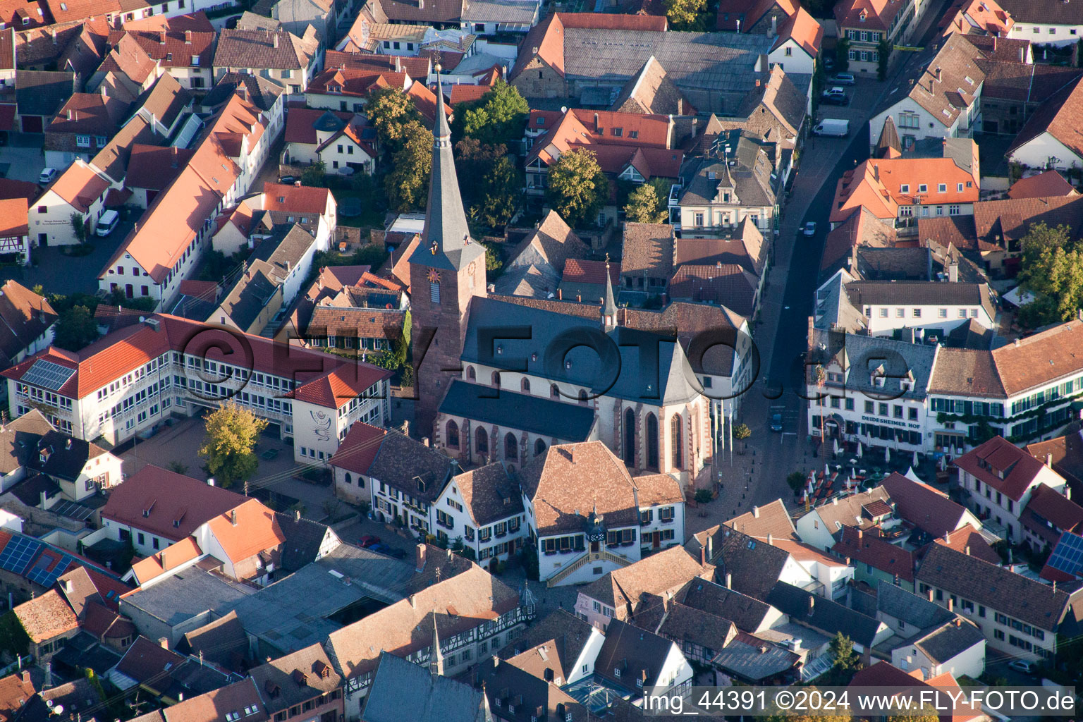 Oblique view of Old Town area and city center in Deidesheim in the state Rhineland-Palatinate