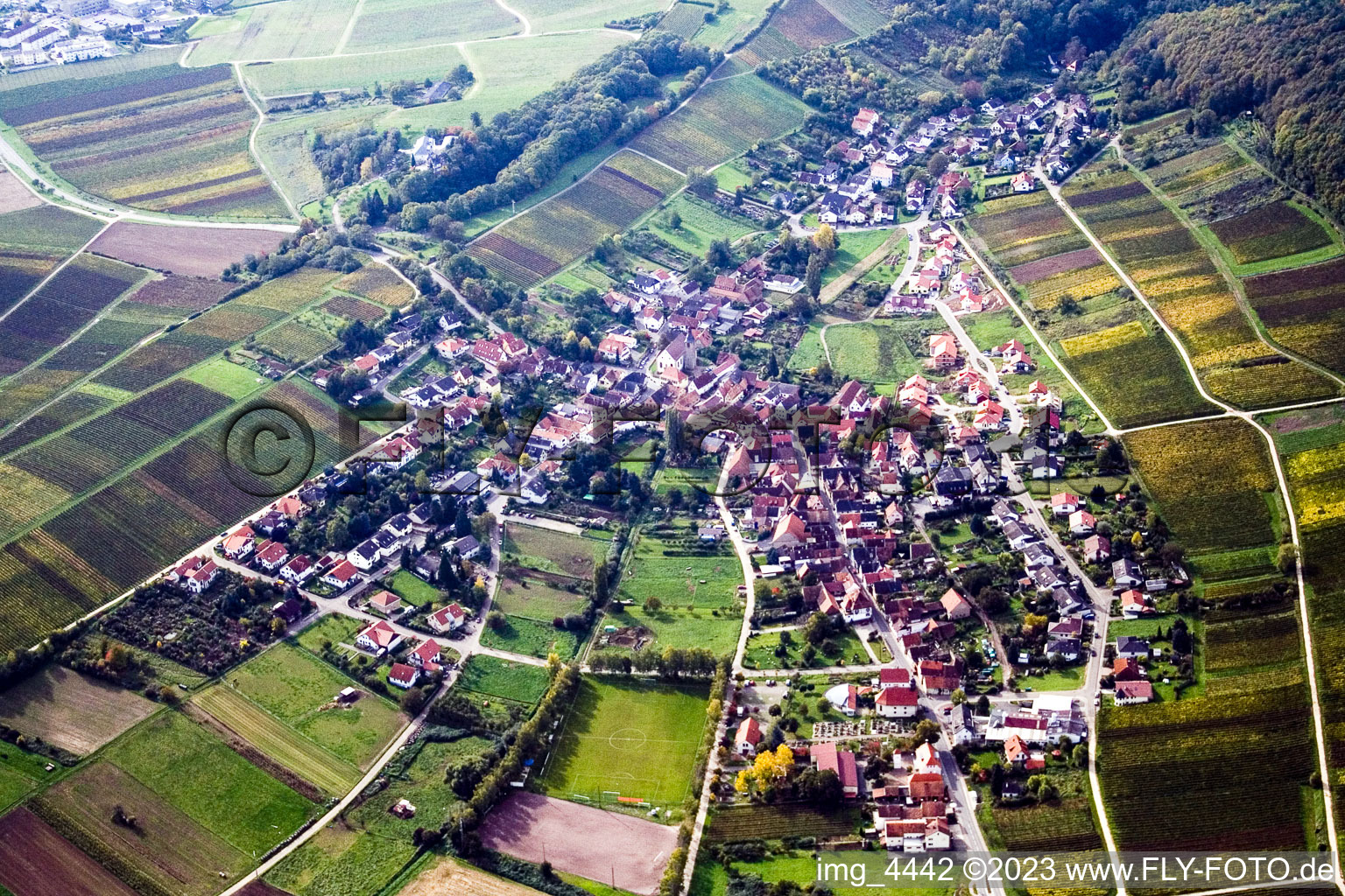 Pleisweiler-Oberhofen from the northwest in the district Gleishorbach in Gleiszellen-Gleishorbach in the state Rhineland-Palatinate, Germany
