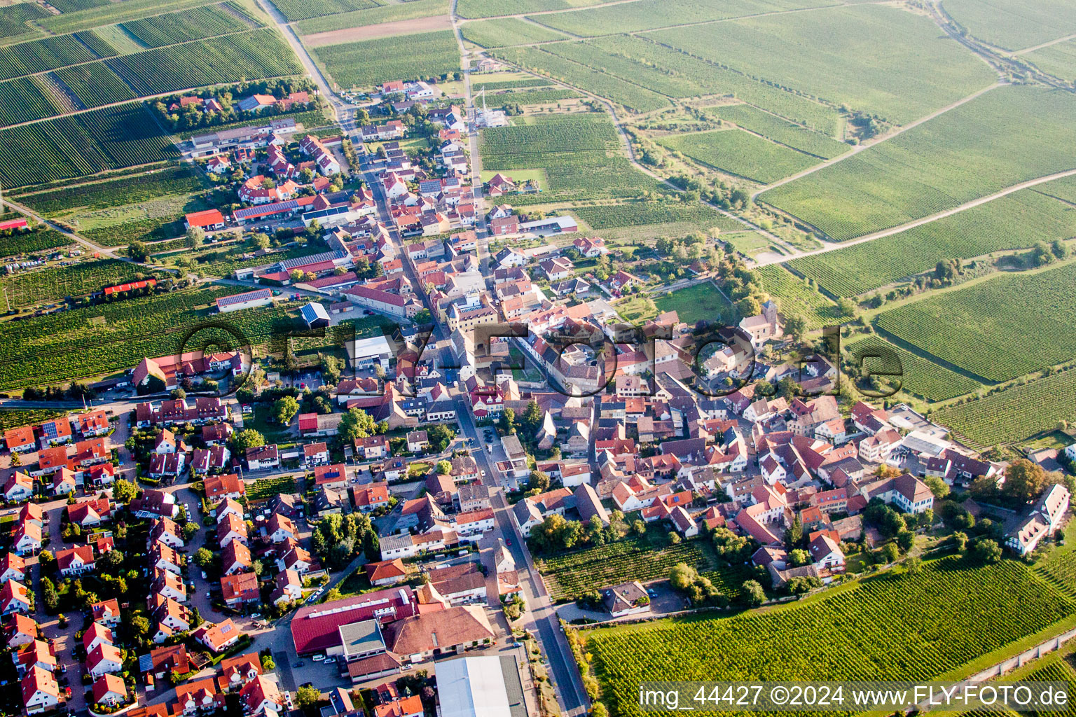Aerial view of Village - view on the edge of wine yards in Herxheim am Berg in the state Rhineland-Palatinate, Germany