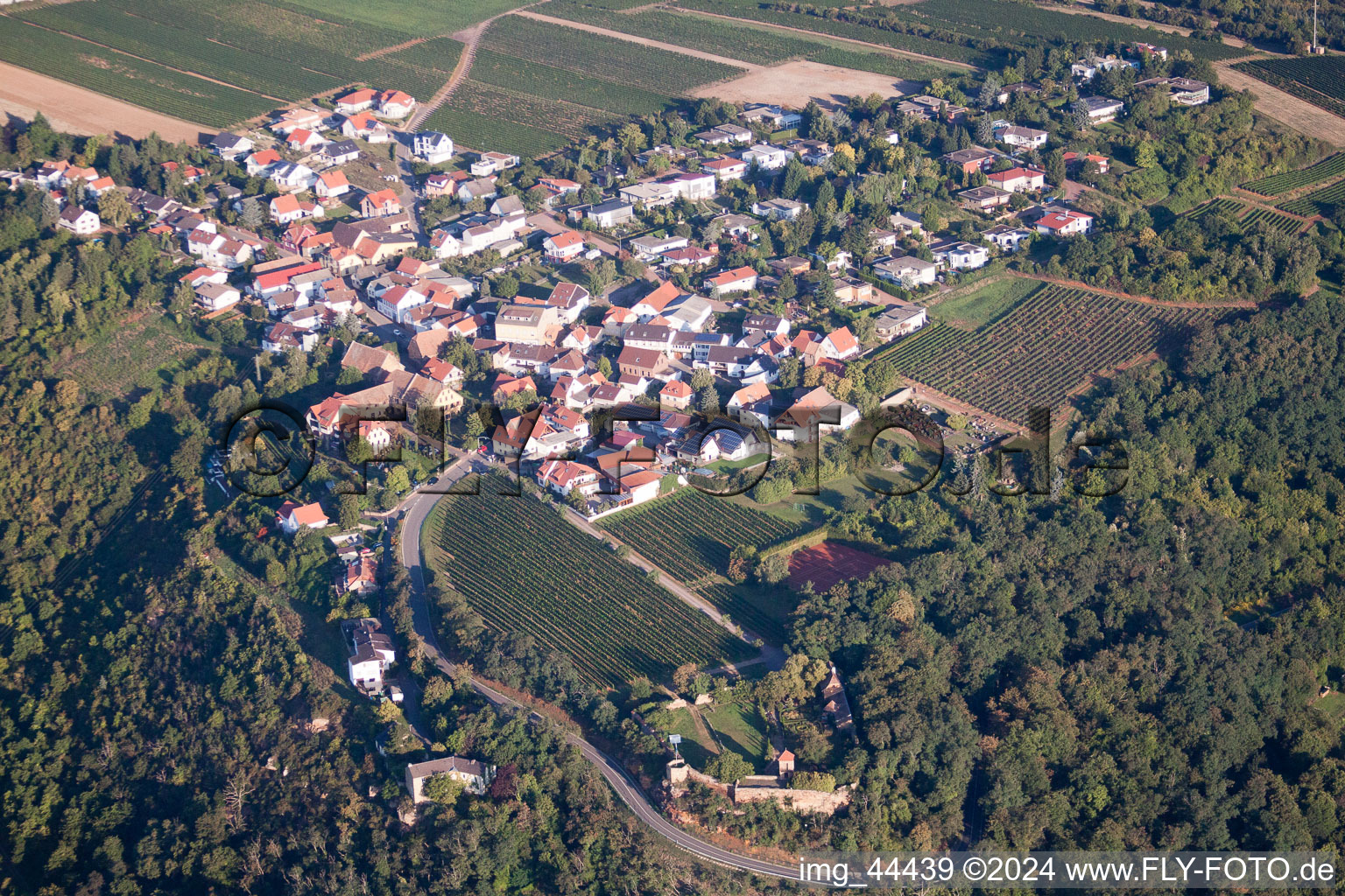 Village view of Am Muenchberg in Bobenheim am Berg in the state Rhineland-Palatinate from above