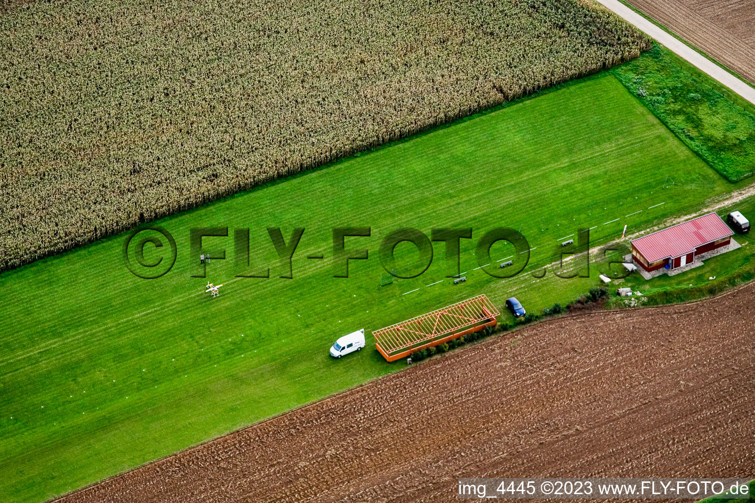 Bird's eye view of Model airfield in Freckenfeld in the state Rhineland-Palatinate, Germany
