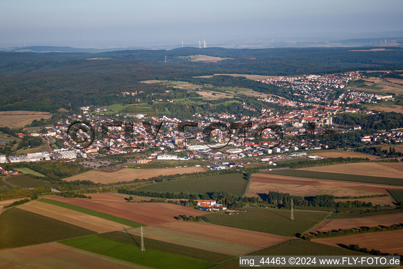 Oblique view of Town View of the streets and houses of the residential areas in Kirchheimbolanden in the state Rhineland-Palatinate, Germany