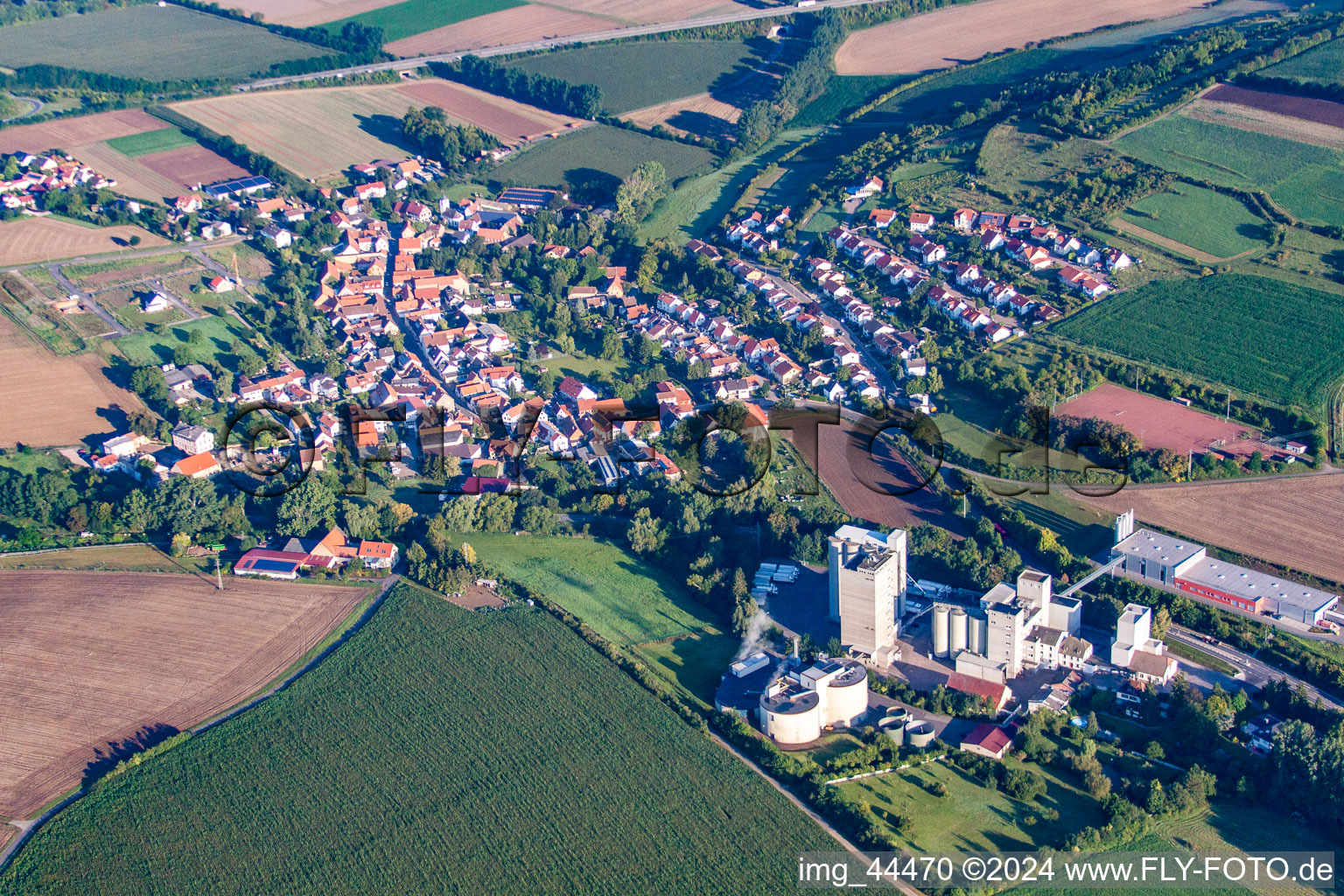 Aerial view of Town View of the streets and houses of the residential areas in Bischheim in the state Rhineland-Palatinate