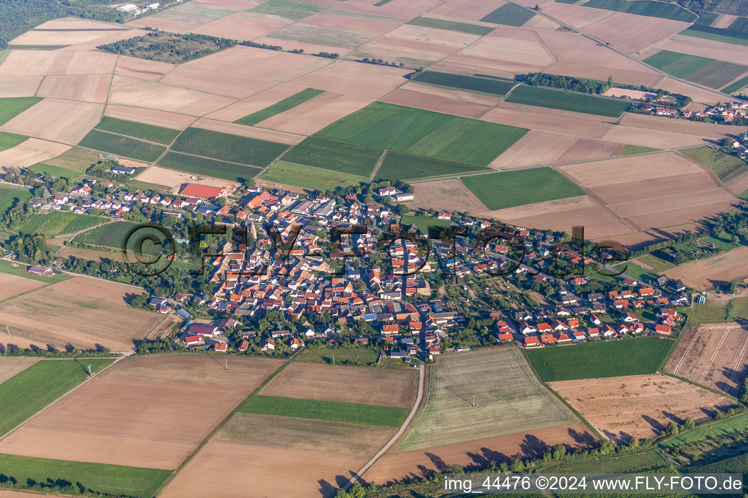 Village - view on the edge of agricultural fields and farmland in Stein-Bockenheim in the state Rhineland-Palatinate, Germany