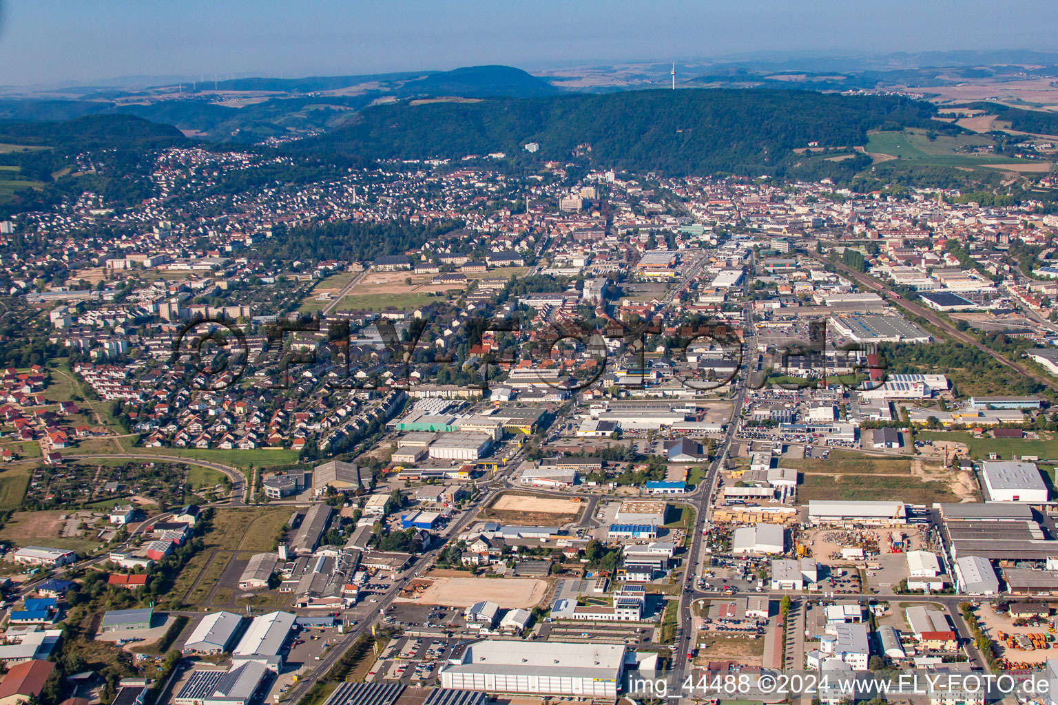 Aerial photograpy of Town View of the streets and houses of the residential areas in Bad Kreuznach in the state Rhineland-Palatinate