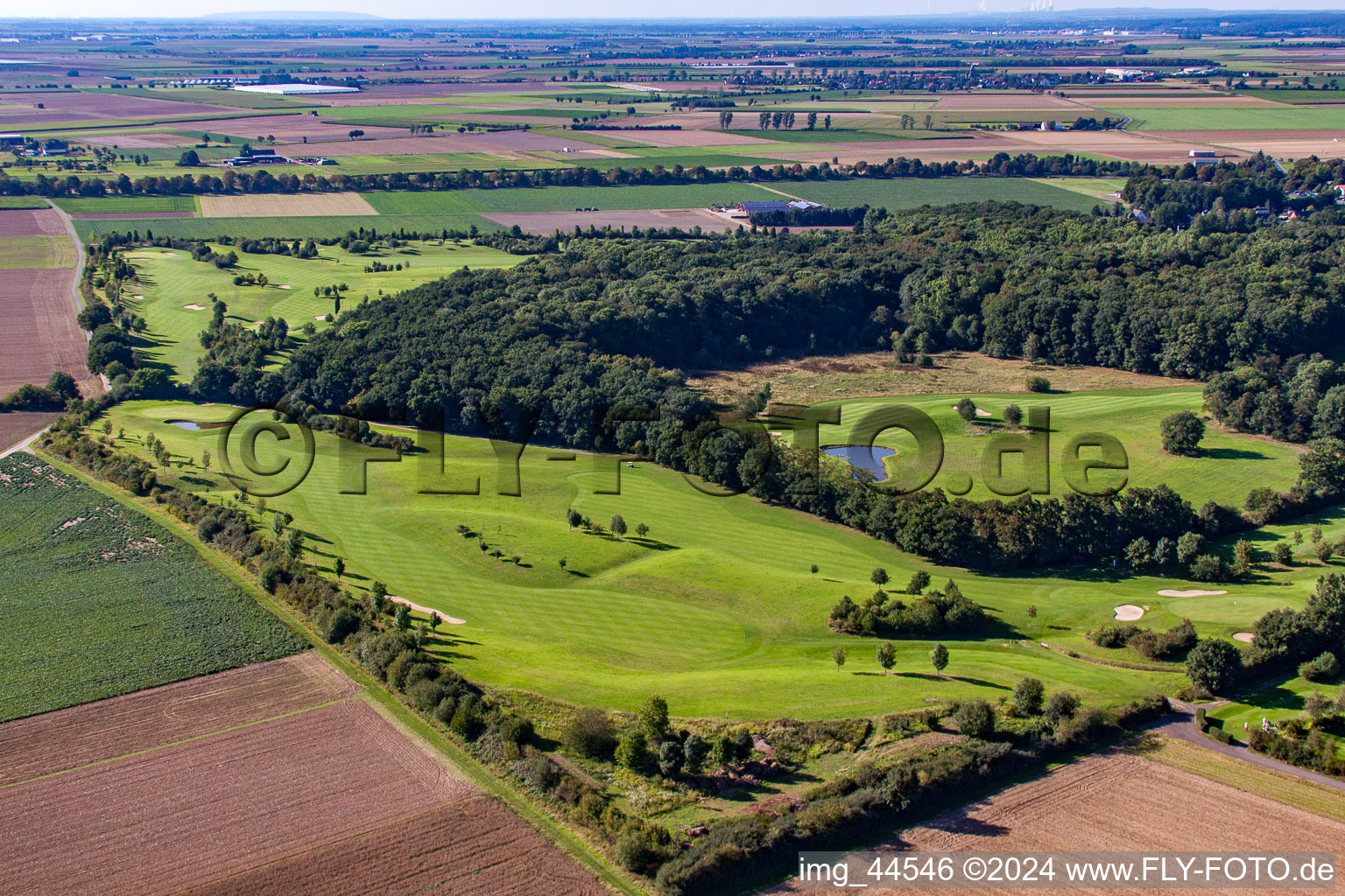 Aerial view of Golf course in the forest at the castle Miel in Miel in the state North Rhine-Westphalia, Germany