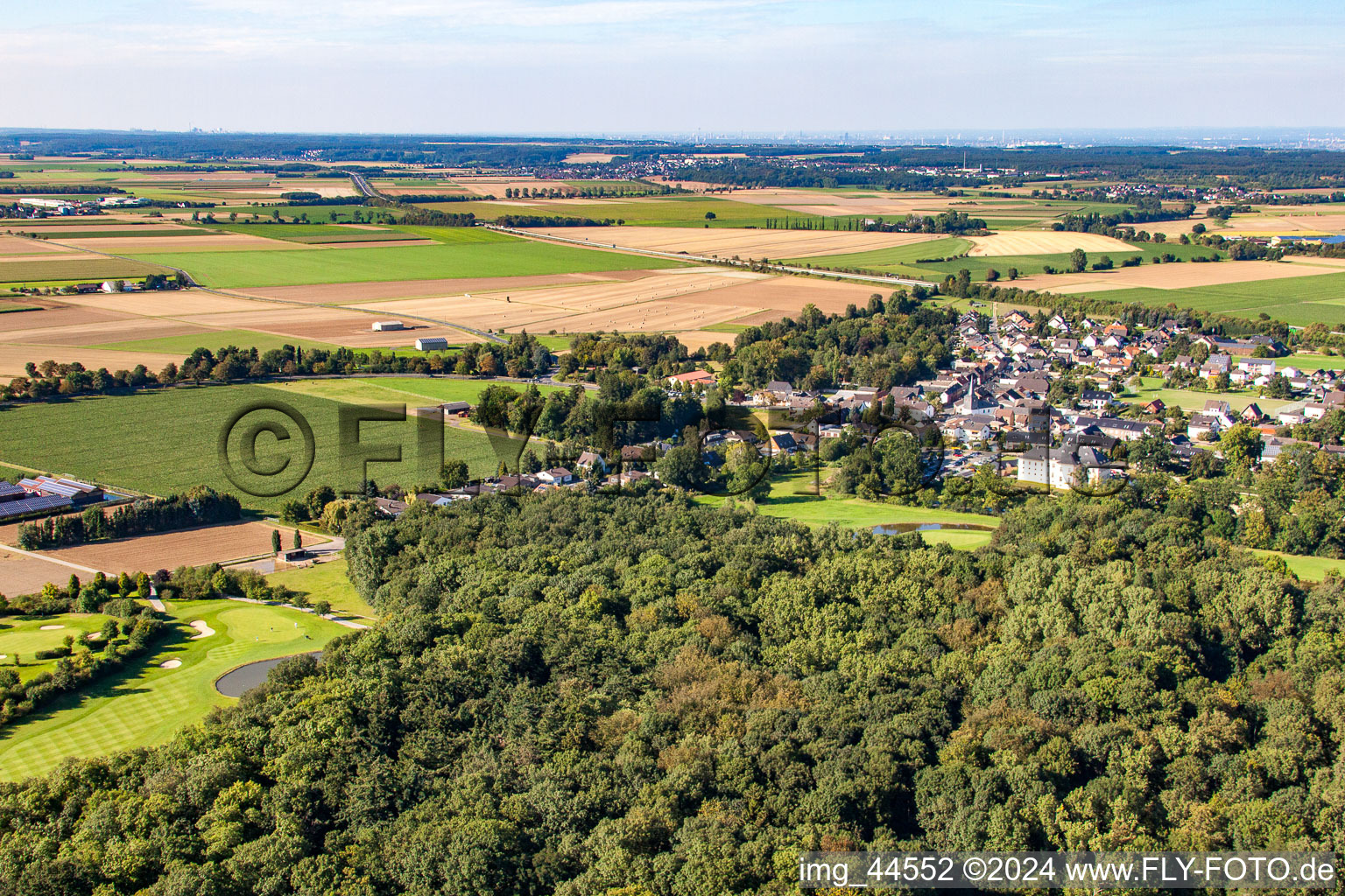 Oblique view of Golf course at the forest at the castle Miel in the district Miel in Swisttal in the state North Rhine-Westphalia, Germany