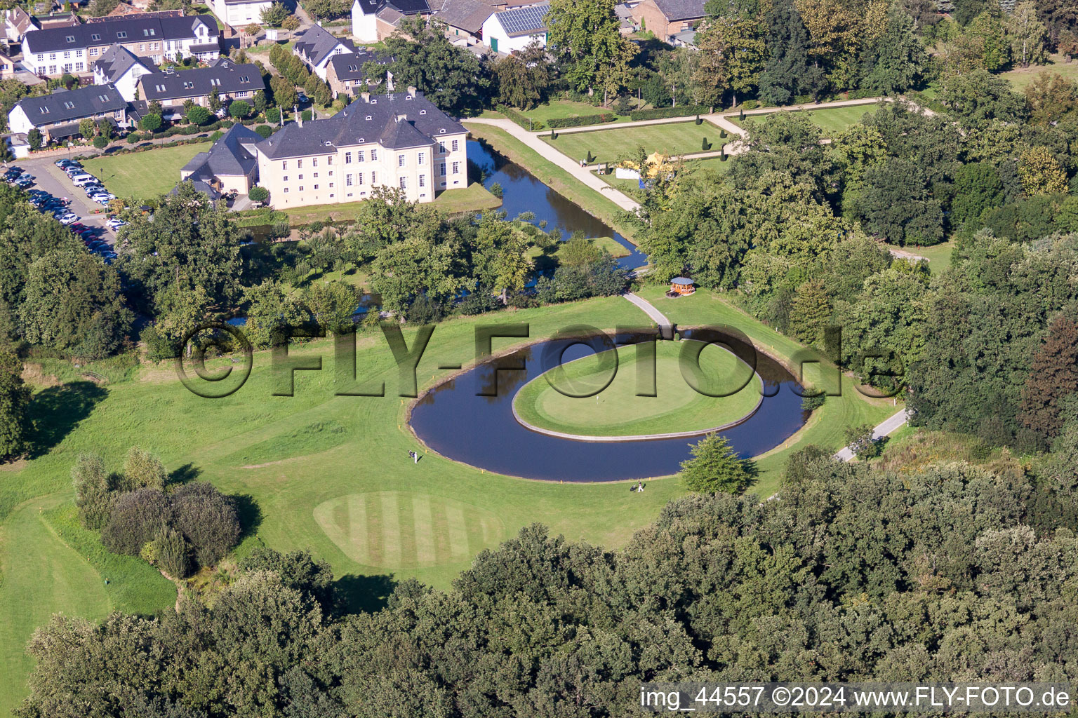 Grounds of the Golf course at Golf Club Schloss Miel in the district Miel in Swisttal in the state North Rhine-Westphalia, Germany from above