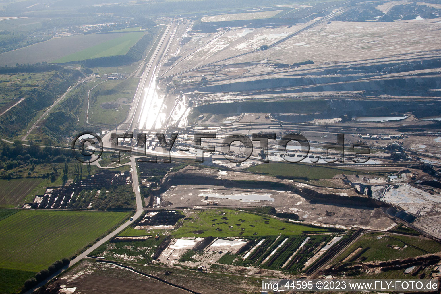Aerial view of Opencast brown coal mining in Inden in the state North Rhine-Westphalia, Germany
