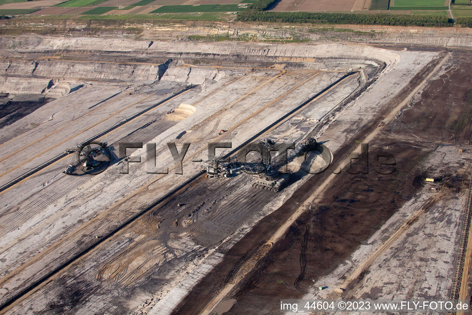 Opencast brown coal mining in Inden in the state North Rhine-Westphalia, Germany seen from above
