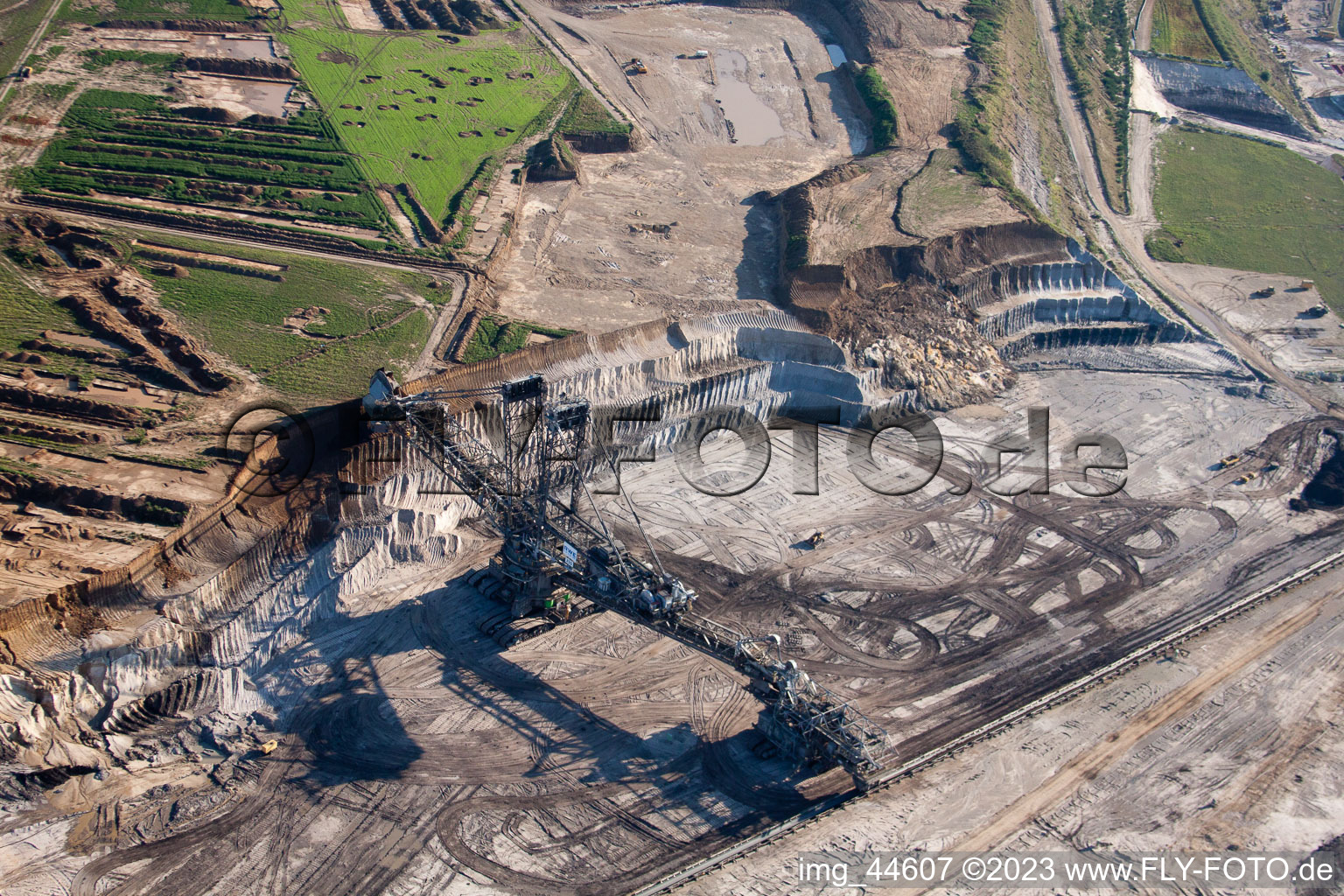 Bird's eye view of Opencast brown coal mining in Inden in the state North Rhine-Westphalia, Germany