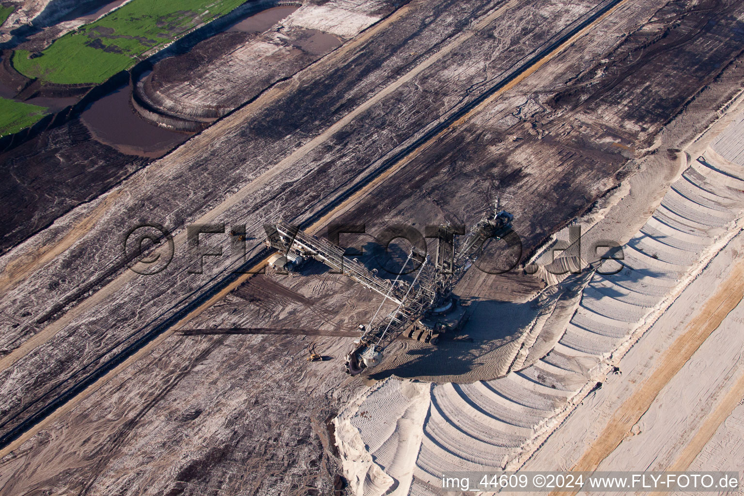 Aerial view of Dredging conveyor bridge in brown coal mine in Inden in the state North Rhine-Westphalia
