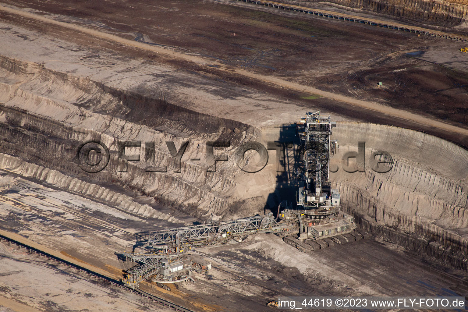 Opencast brown coal mining in Inden in the state North Rhine-Westphalia, Germany from the drone perspective