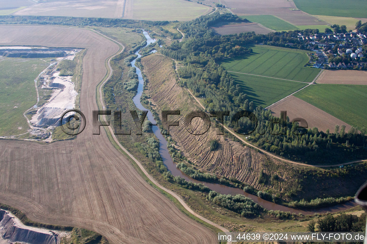 Dredging conveyor bridge in brown coal mine in Inden in the state North Rhine-Westphalia from above