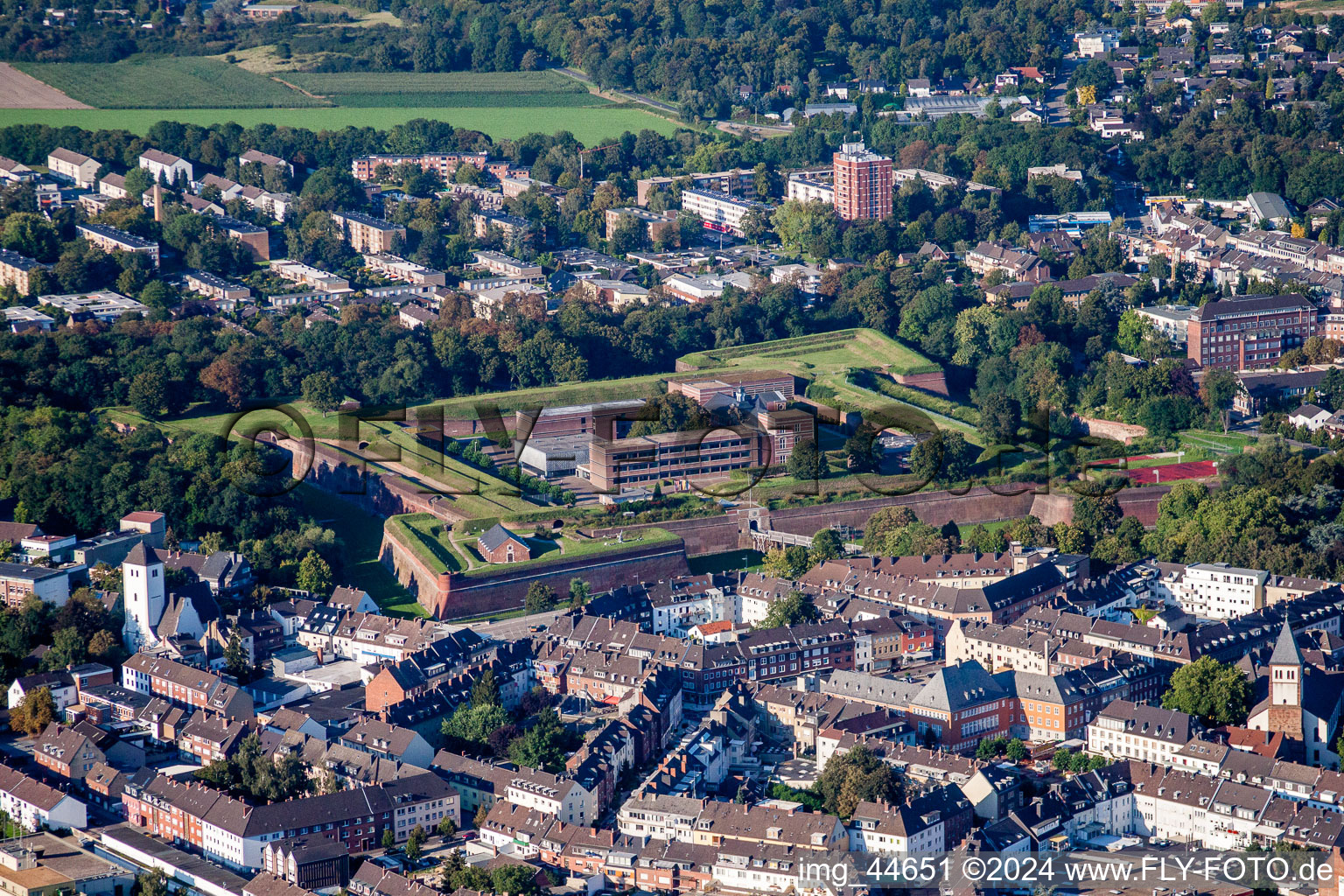 Aerial view of Old Town area and city center with Museum Zitadelle in Juelich in the state North Rhine-Westphalia, Germany