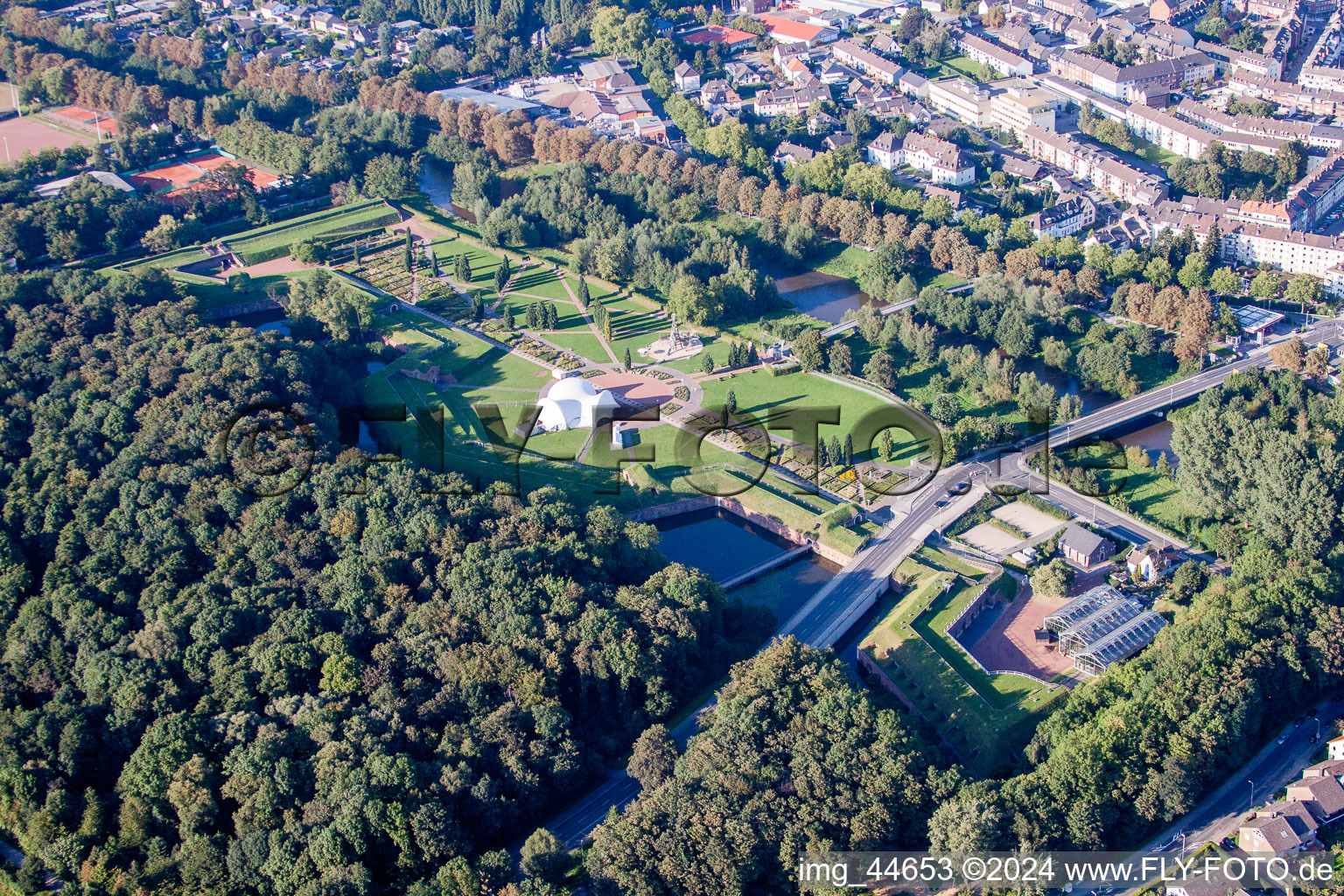 Aerial view of Park of Pulvermagazin Juelich / Brueckenkopfpark in Juelich in the state North Rhine-Westphalia, Germany