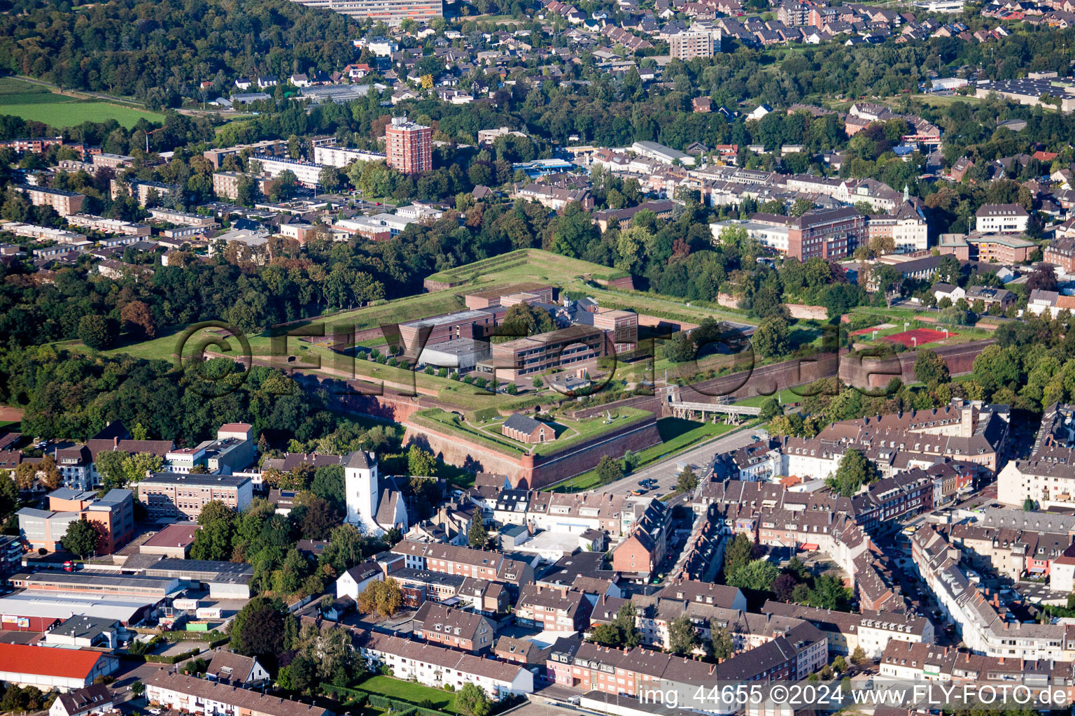 Aerial photograpy of Old Town area and city center with Museum Zitadelle in Juelich in the state North Rhine-Westphalia, Germany