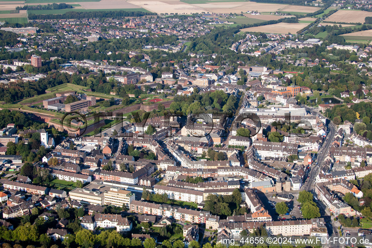 Oblique view of Old Town area and city center with Museum Zitadelle in Juelich in the state North Rhine-Westphalia, Germany