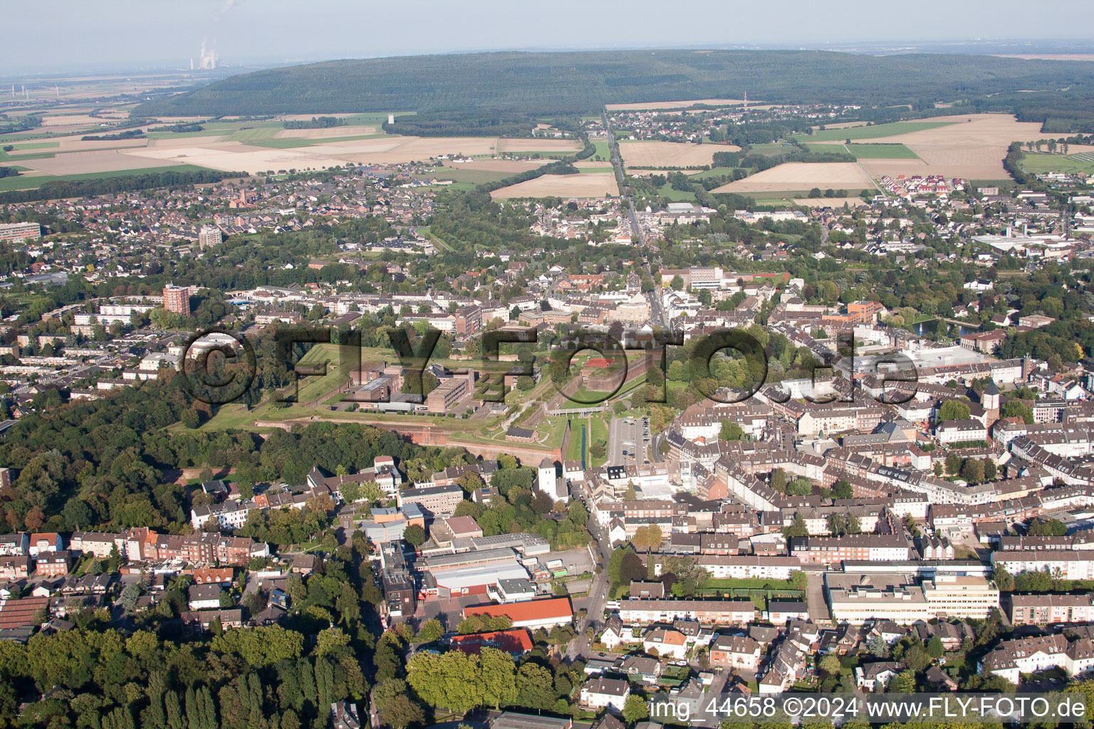 Old Town area and city center with Museum Zitadelle in Juelich in the state North Rhine-Westphalia, Germany from above