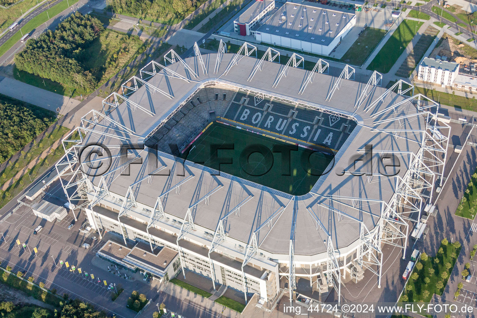 Aerial view of Sports facility grounds of the Arena stadium BORUSSIA-PARK in Moenchengladbach in the state North Rhine-Westphalia, Germany