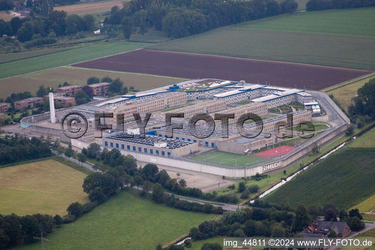 Aerial view of Surrounded by security fence premises of jail Geldern in Geldern in the state North Rhine-Westphalia, Germany