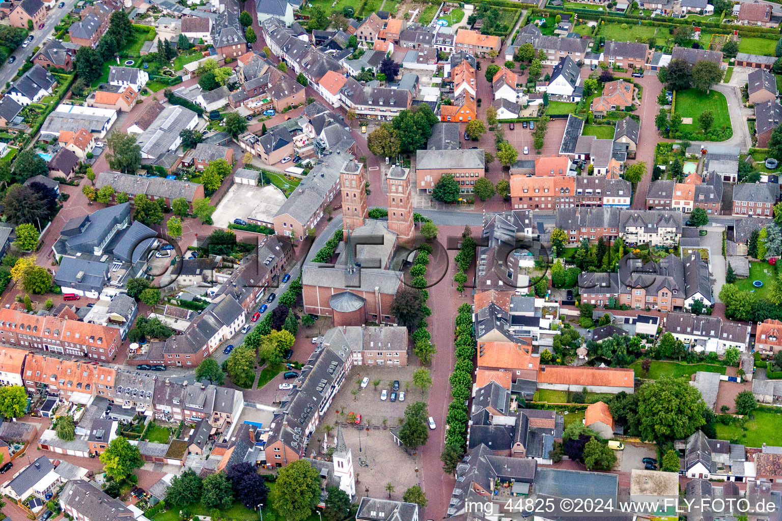 Aerial view of Church building in the village of in Uedem in the state North Rhine-Westphalia, Germany