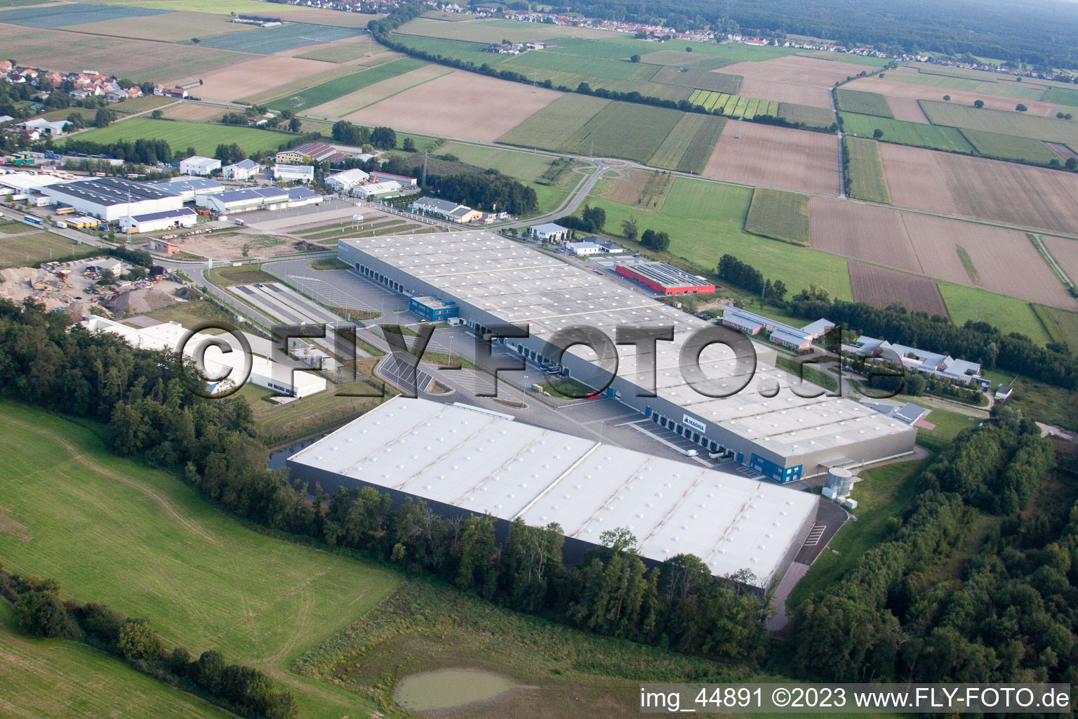 Horst industrial area in the district Minderslachen in Kandel in the state Rhineland-Palatinate, Germany from a drone
