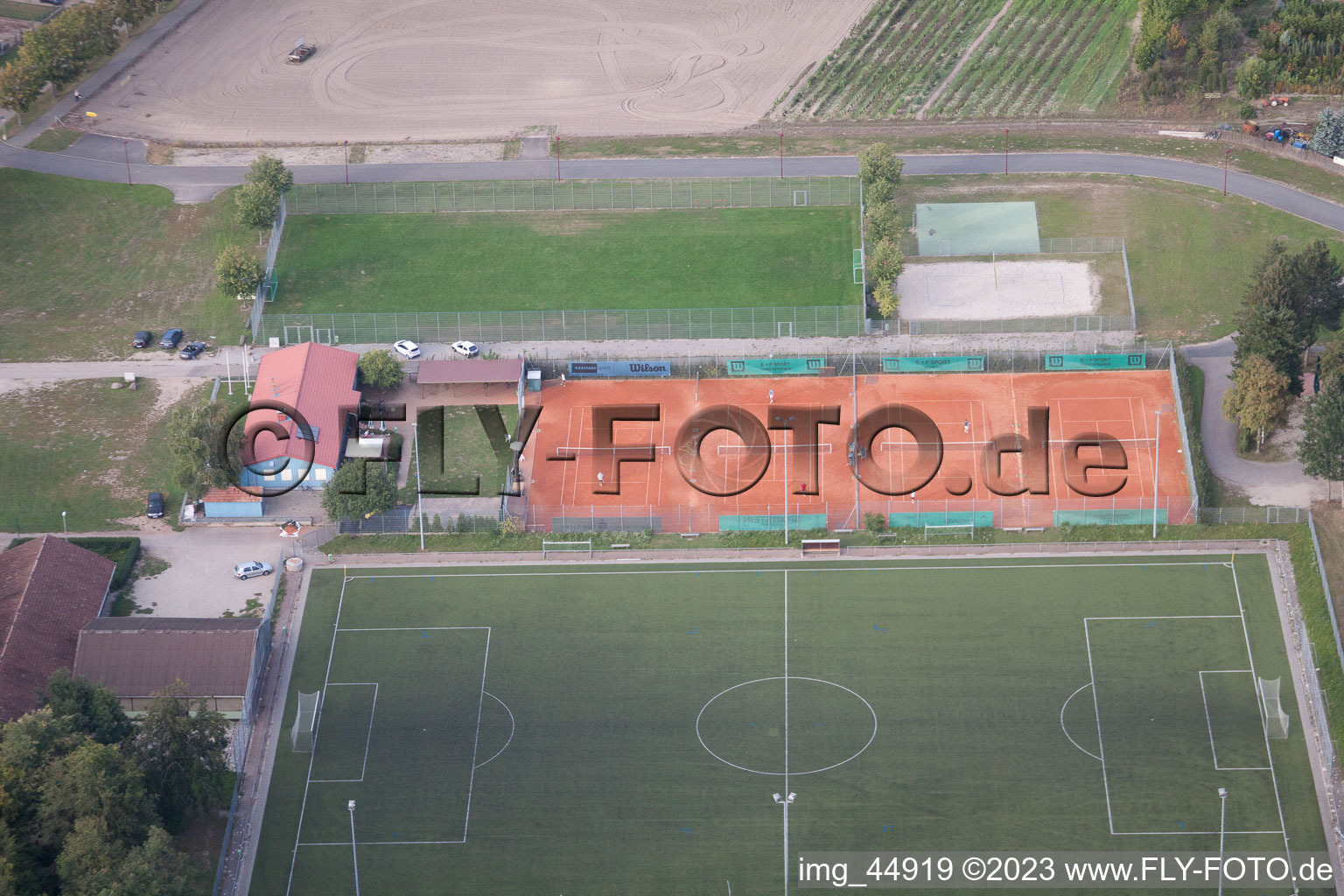 Sports fields in Rheinzabern in the state Rhineland-Palatinate, Germany from above