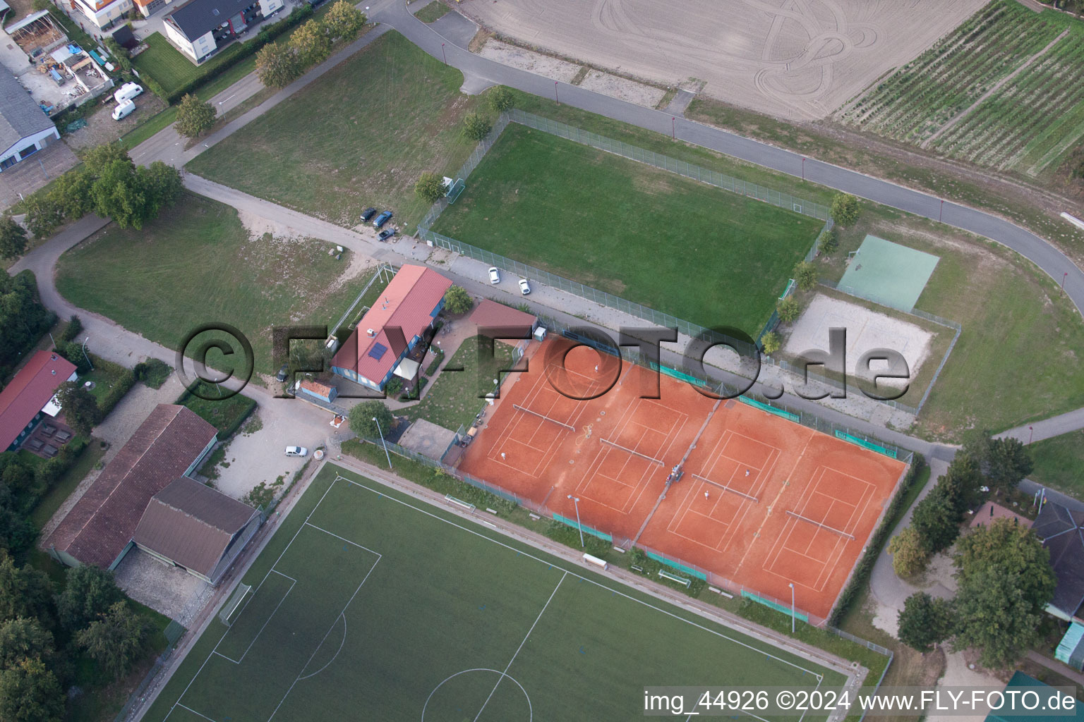 Sports fields in Rheinzabern in the state Rhineland-Palatinate, Germany seen from above