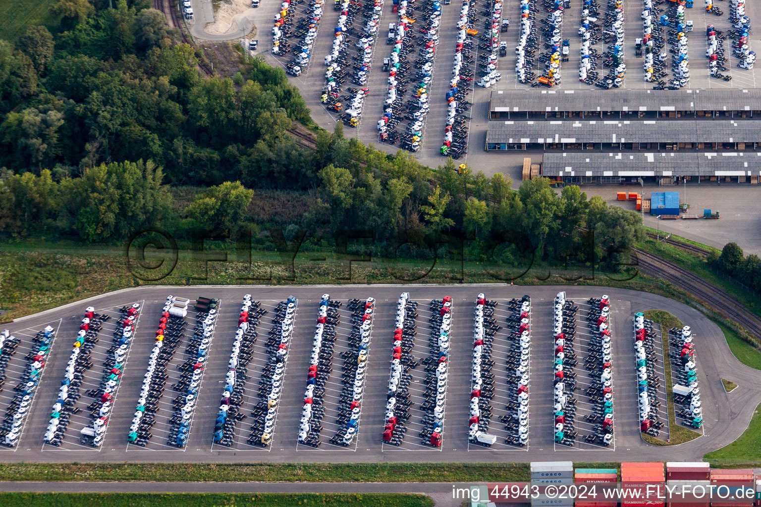 Parking place with new trucks on the premises of Daimler Automobilwerk Woerth in Woerth am Rhein in the state Rhineland-Palatinate, Germany