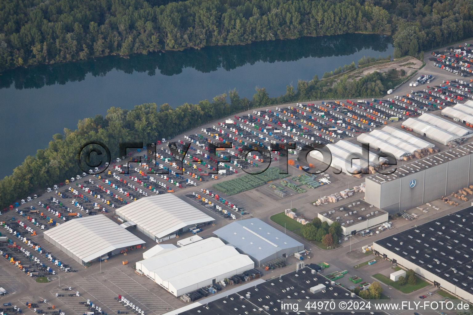Aerial view of Daimler truck parking spaces in Wörth am Rhein in the state Rhineland-Palatinate, Germany