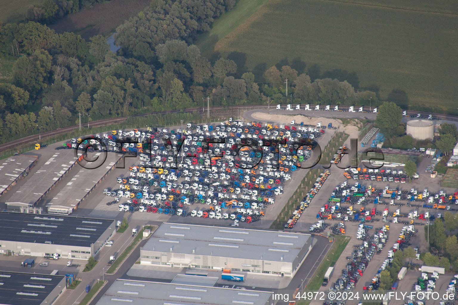 Aerial photograpy of Daimler truck parking spaces in Wörth am Rhein in the state Rhineland-Palatinate, Germany