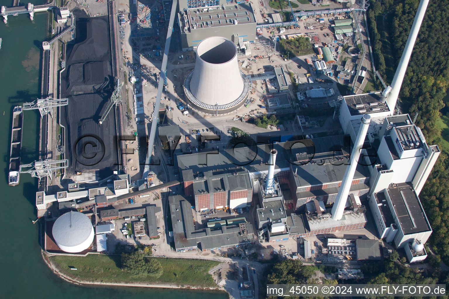 ENBW in the district Rheinhafen in Karlsruhe in the state Baden-Wuerttemberg, Germany seen from a drone