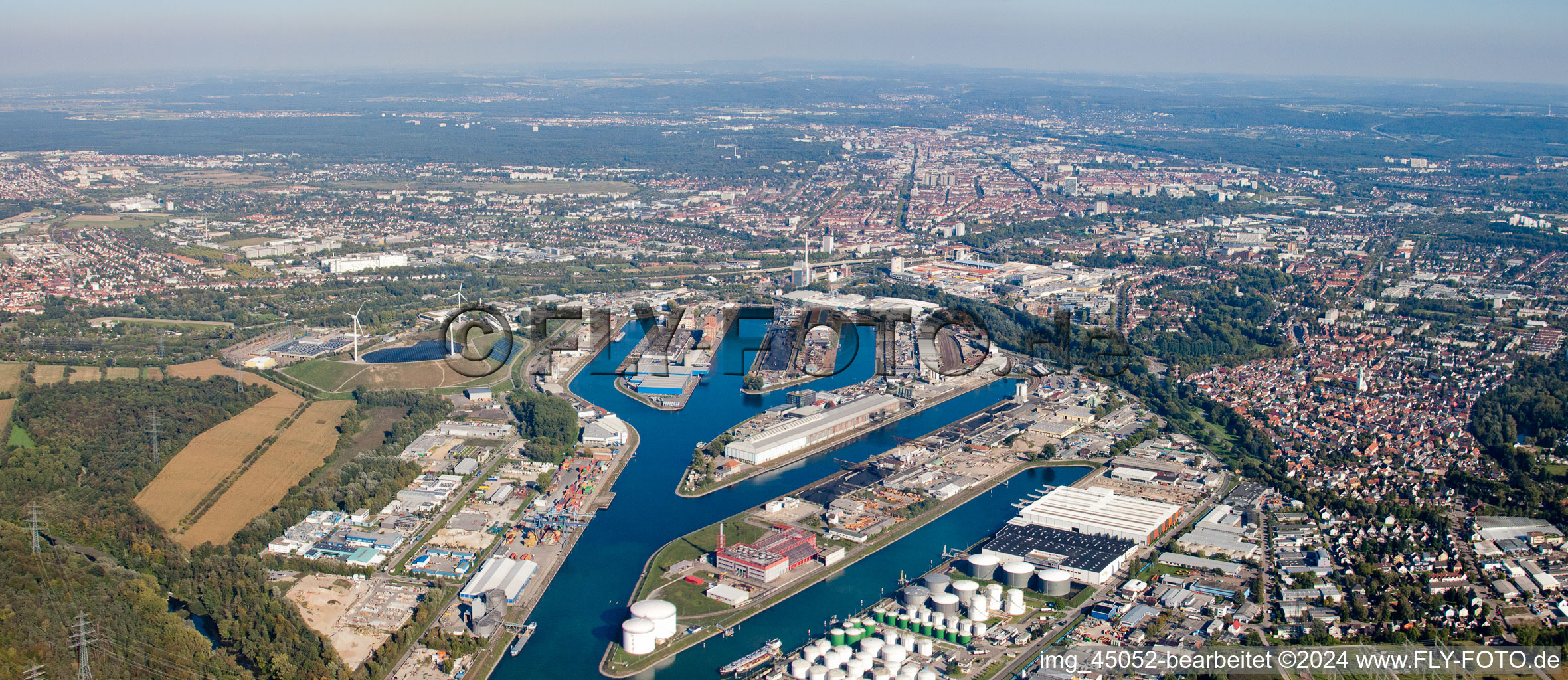 Oblique view of District Rheinhafen in Karlsruhe in the state Baden-Wuerttemberg, Germany