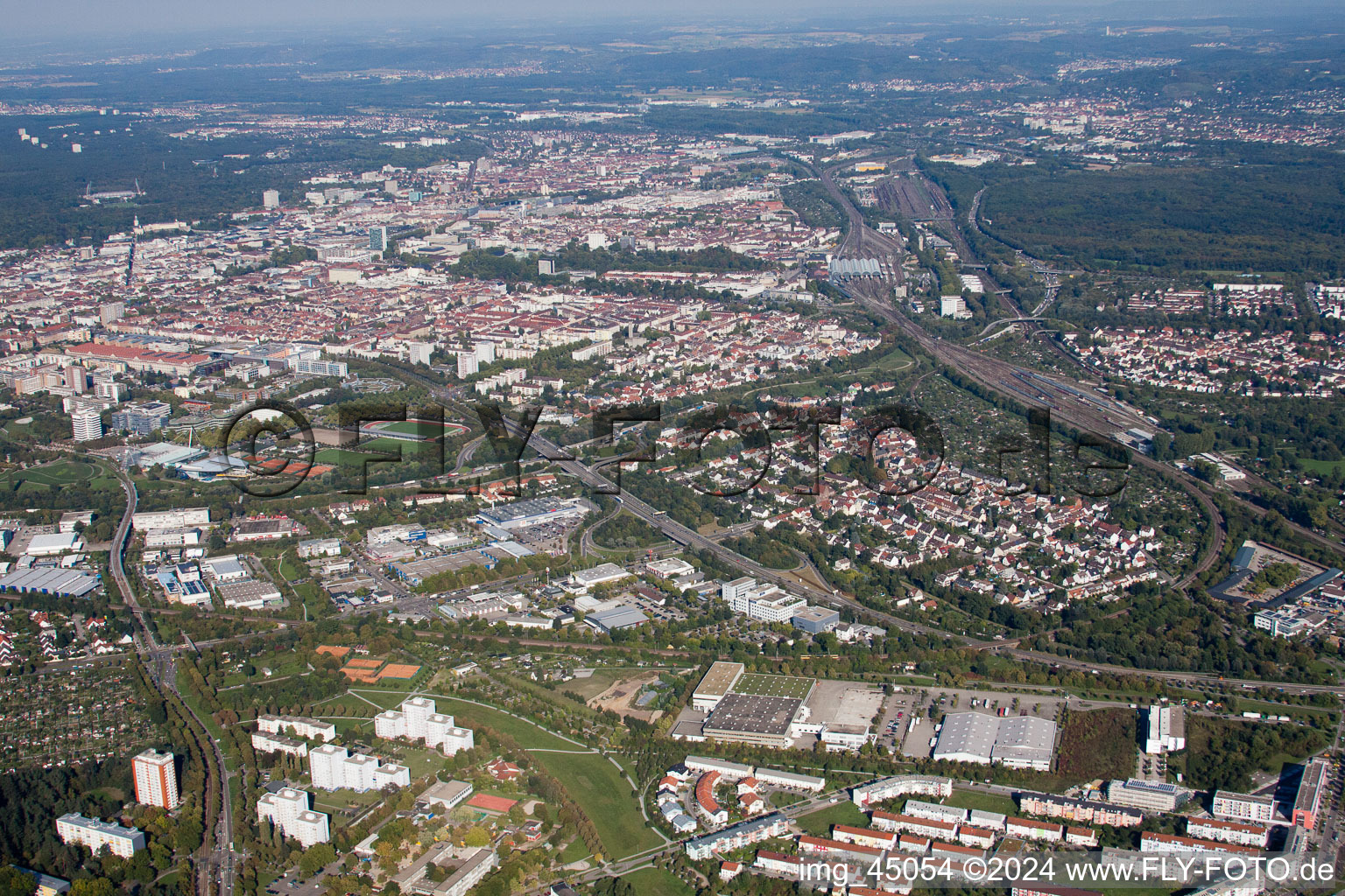 From the southwest in the district Beiertheim-Bulach in Karlsruhe in the state Baden-Wuerttemberg, Germany